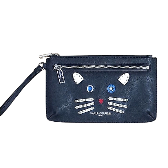 Karl Lagerfeld Paris Wristlet Black Leather Cat Face Studded Graphic Zip Top